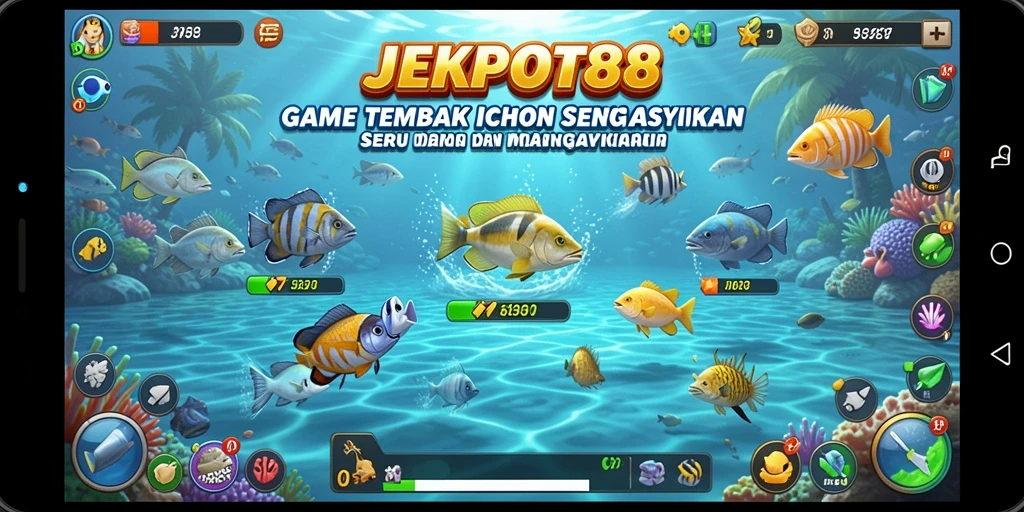 Screenshot utama JEKPOT88 menampilkan aksi seru menembak ikan.
