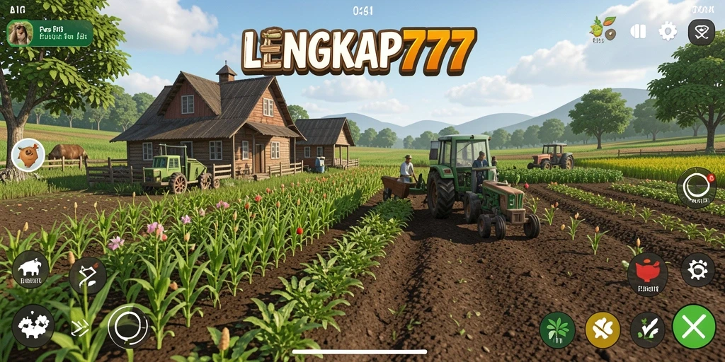 Screenshot LENGKAP777 menunjukkan gameplay bertani yang menarik dan berwarna.