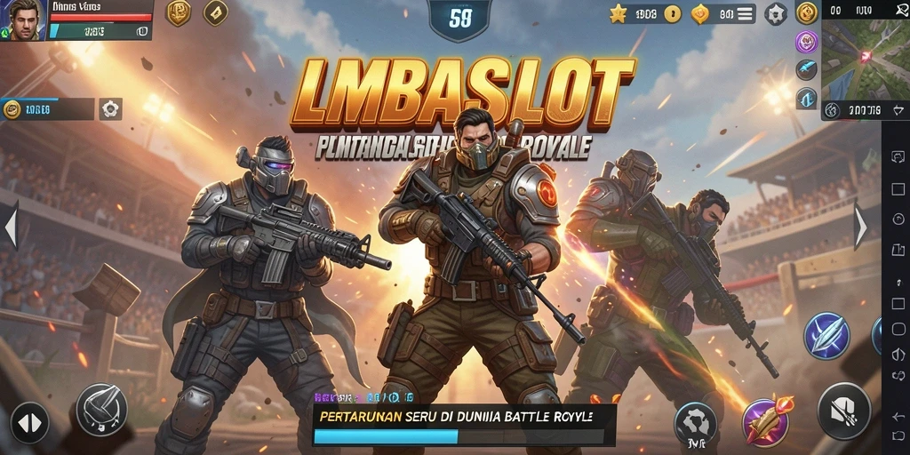 Screenshot utama menunjukkan pemain bertarung dalam pertarungan intens Battle Royale.