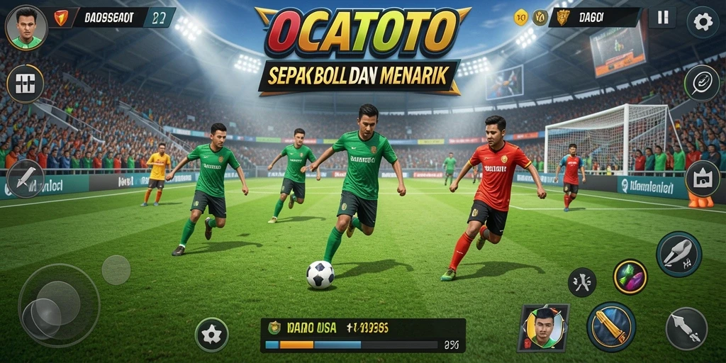 Screenshot gameplay OCATOTO menampilkan aksi sepak bola yang mendebarkan.