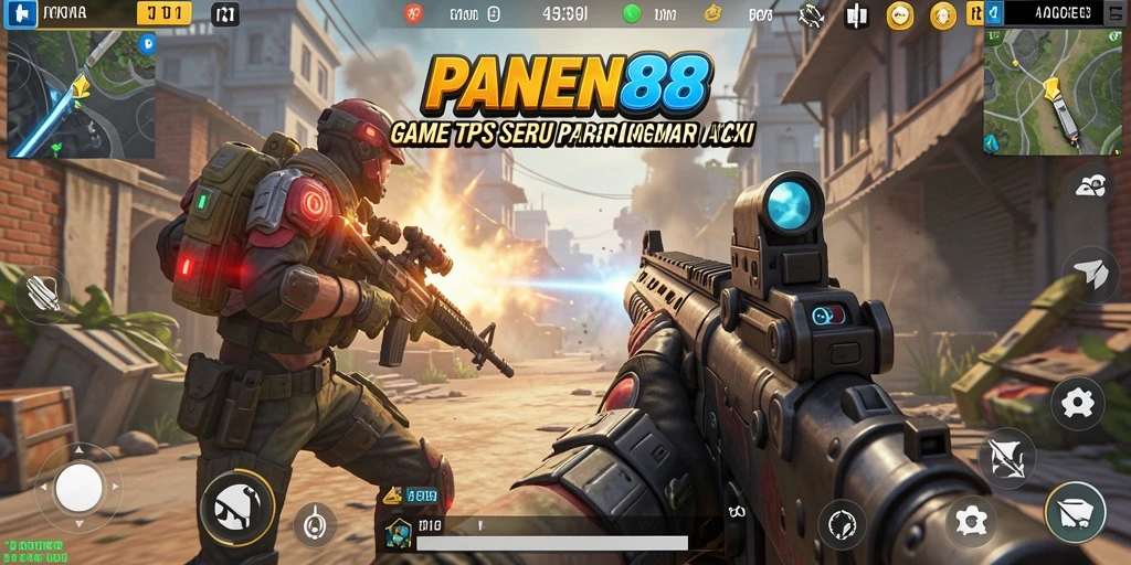 Tampilan gameplay PANEN88 yang intens dan menegangkan dalam aksi TPS.