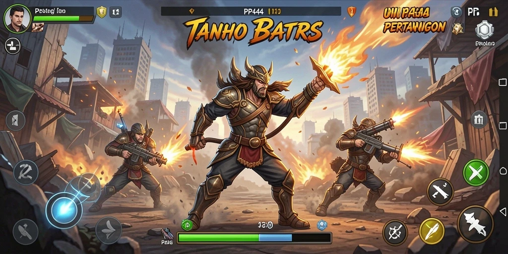 Screenshot gameplay PP444 menunjukkan aksi pertarungan yang intens dan karakter yang beragam.
